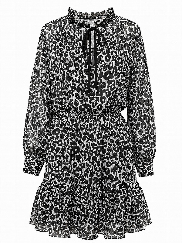 【新品DRESS 3028】モノトーンレオパード柄ネックリボンフレアミニドレス ブラック【relish】